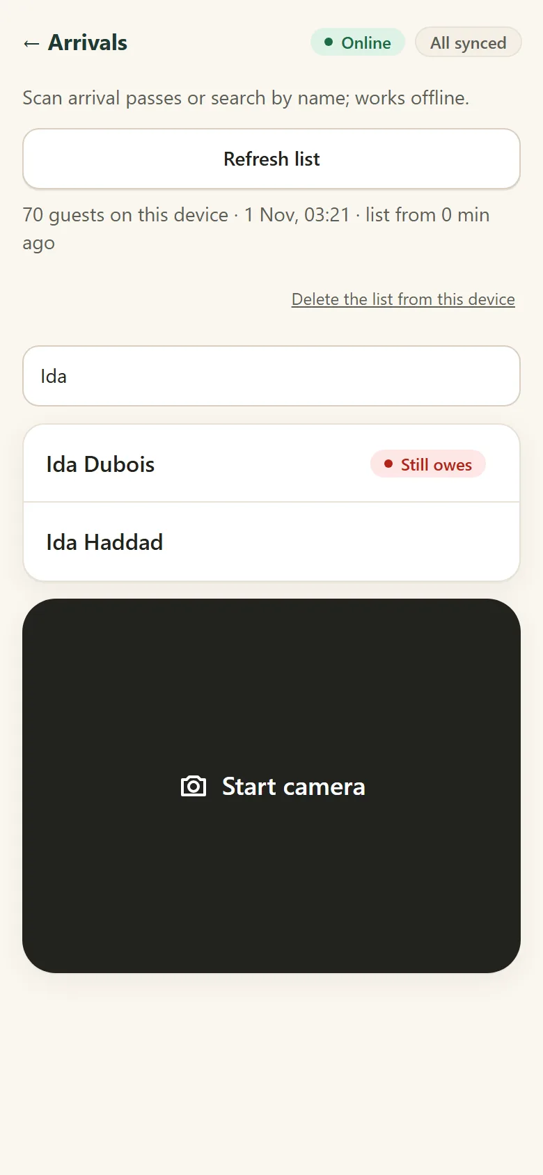 The door list on a phone: a name typed into the search shows the guest, marked “Still owes”. The page says it works offline.