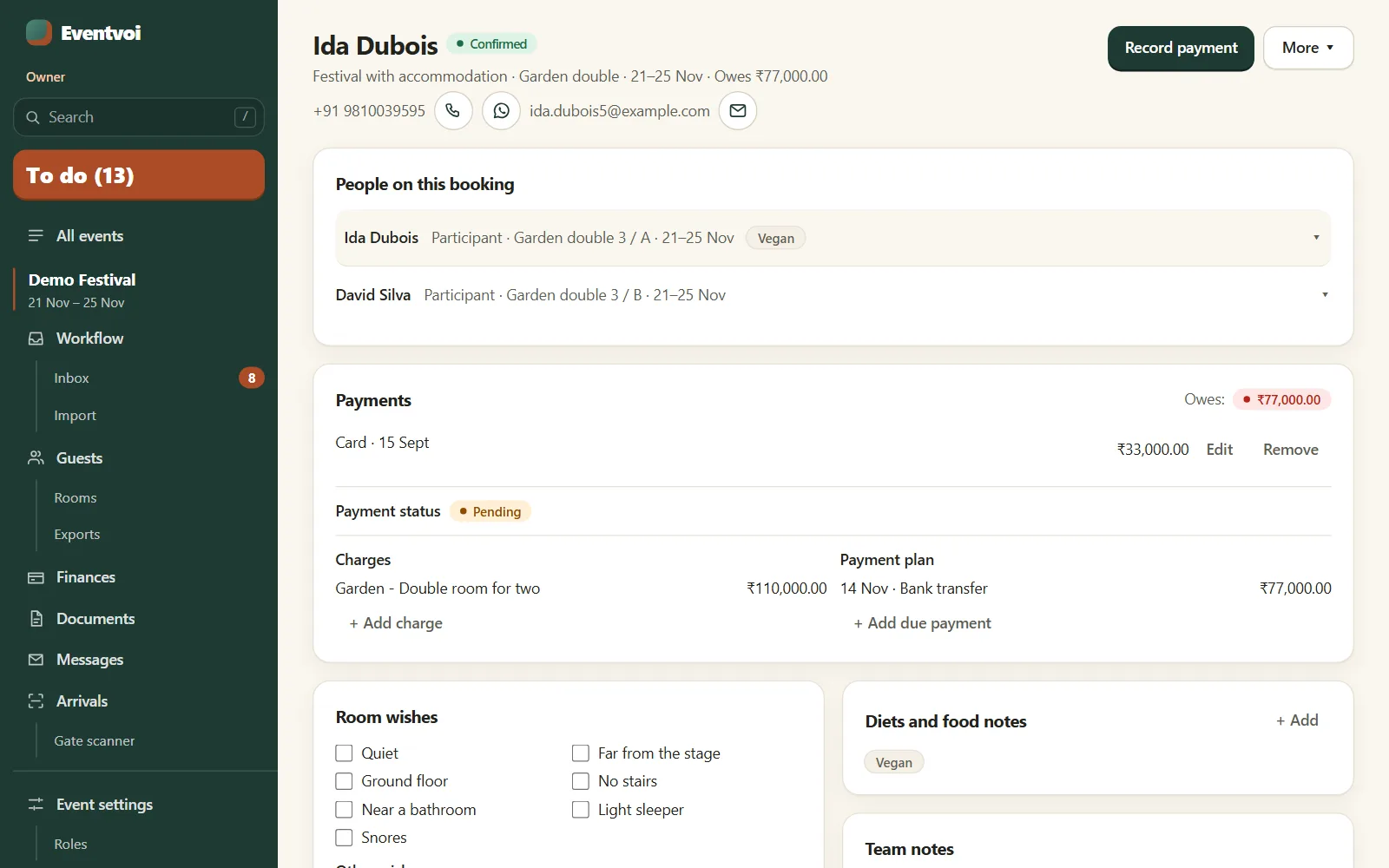 One guest’s page: the booking, the payment made, what is still owed with a Record payment button, the room and the diet note.