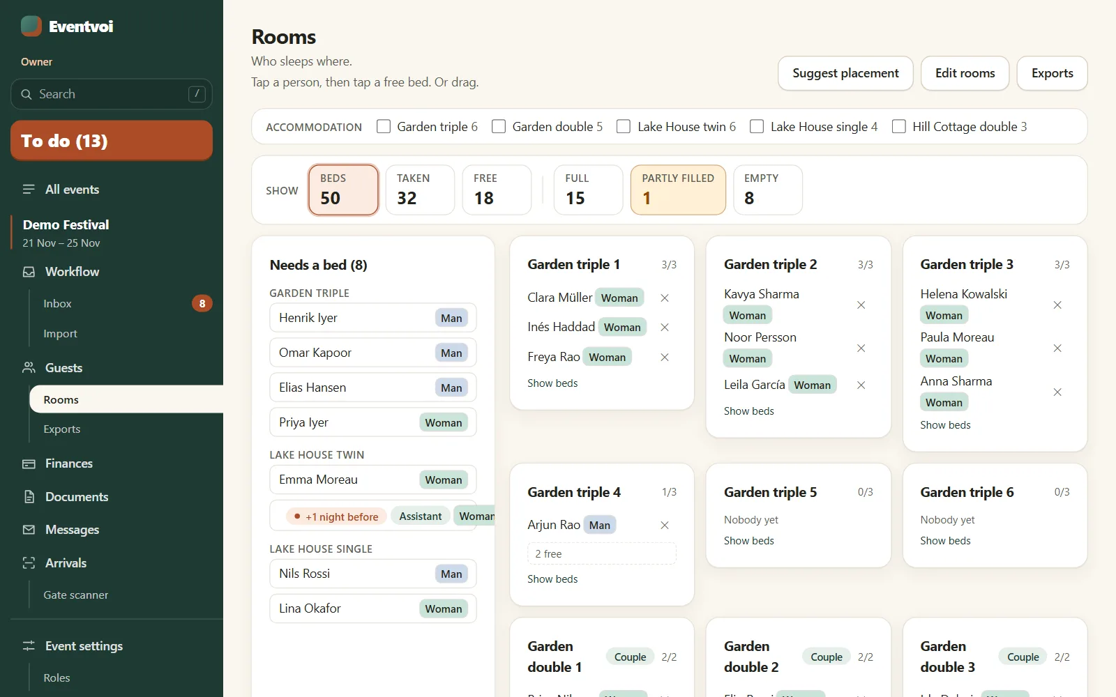 Rooms: the people who still need a bed on the left, and each room with its beds and the names in them.